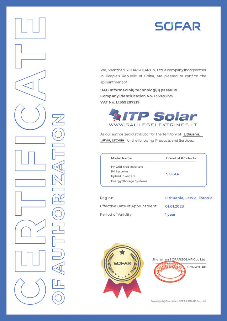 ITP Solar tapo oficialiu Sofar distributoriumi Baltijos šalyse, ta proga visiems SofarSolar produktams taikoma 10% nuolaida nuo gegužės 14 iki gegužės 31 d.
