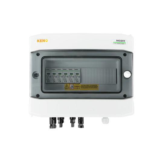 Nuolatinės srovės jungčių dėžutė su Noark 1000V tipo 1+2 nuolatinės srovės viršįtampio ribotuvu, 4x PV styga, 2x MPPT